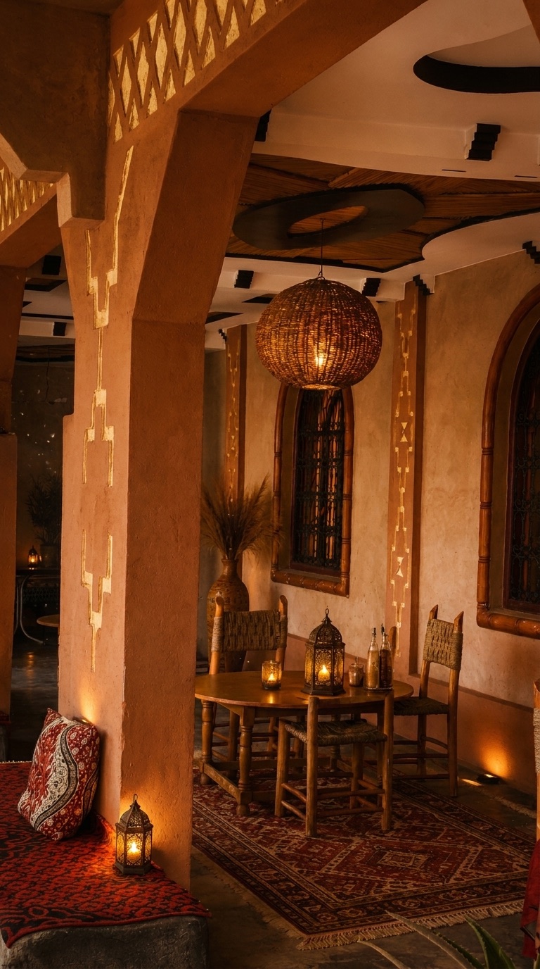 Lantern-lit lounge with carved adobe pillars and Berber rugs
